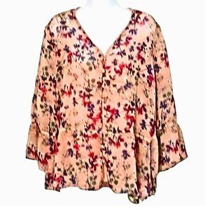 Y2K  Womens Tunic Size L Cottagecore Coquette Floral Ruffle Bell Sleeve V Neck